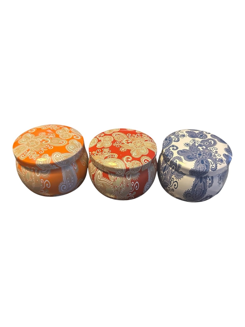 Set of 3 Decorative Tin Candle Jars - Orange, Red, Blue Paisley